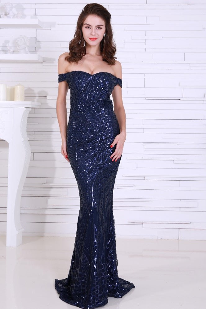 Navy Blue Sequin Cocktail Gown