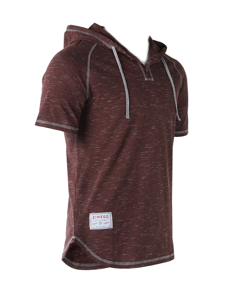 Maroon Short Sleeve Raglan Henley Hoodie Round Bottom Semi Longline T-Shirt