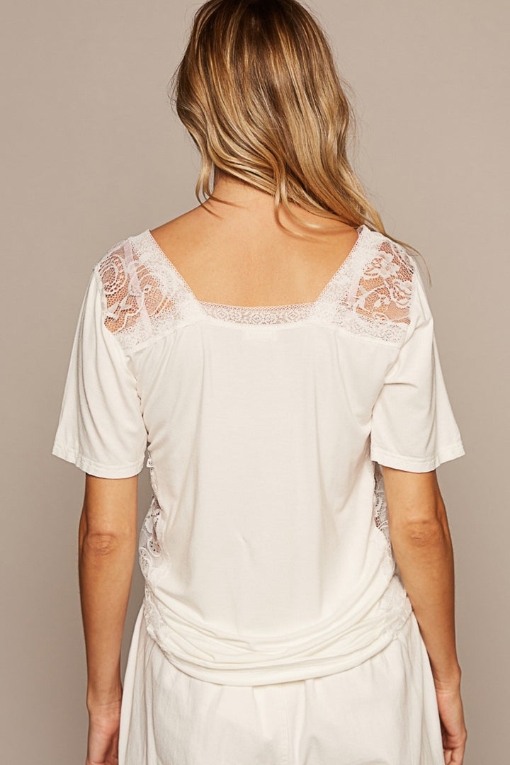 Off White V-Neck Short Sleeve Lace Trim Top