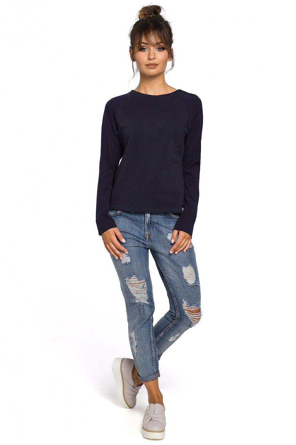 Round Neck Long Sleeve Blouse Navy