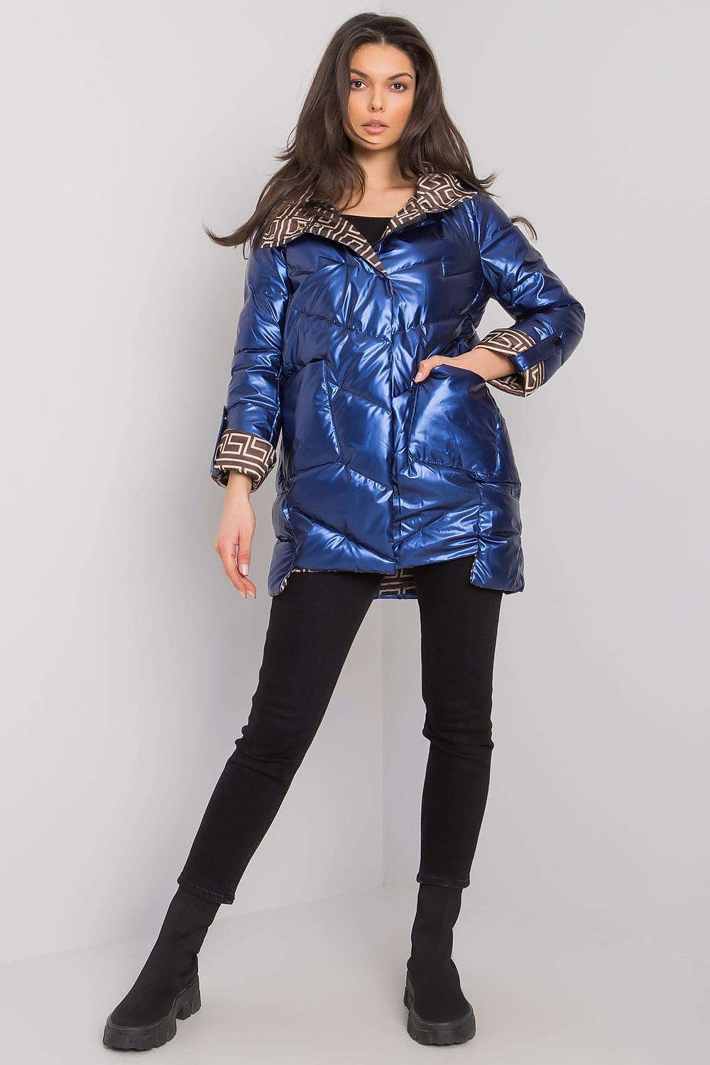 Blue Quilted Warm Jacket Zip-Up Hood
