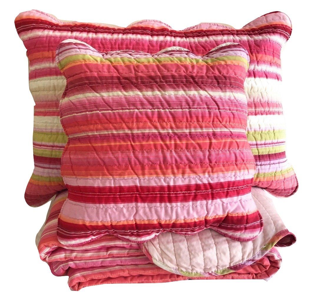 Happy Stunning Stripes Red & Pink Scalloped Coverlet Bedspread Set