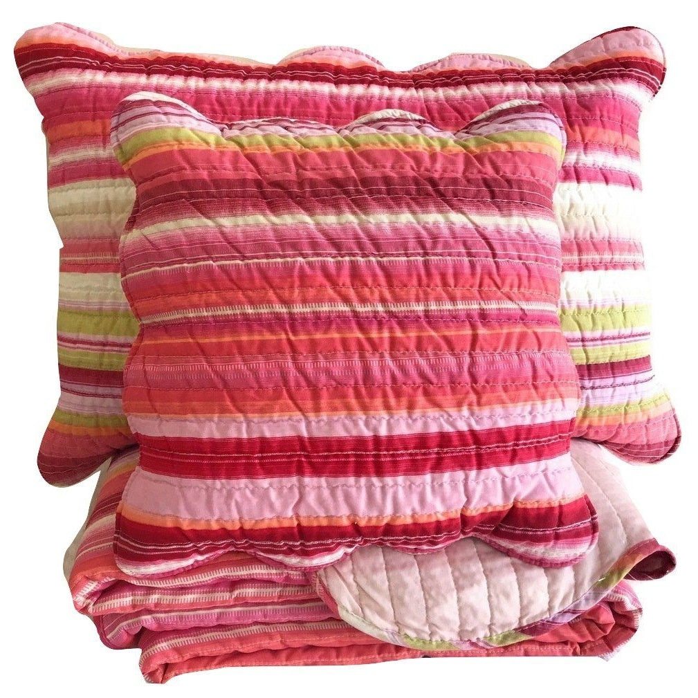 Happy Stunning Stripes Red & Pink Scalloped Coverlet Bedspread Set