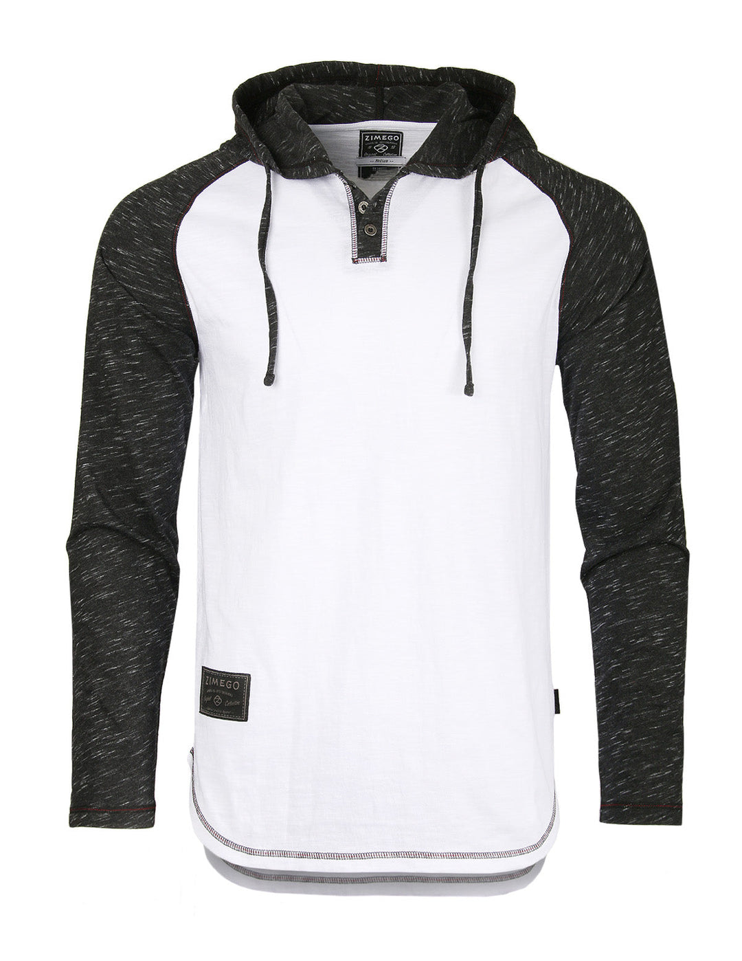 Long Sleeve Raglan Henley Round Bottom Hood T-Shirt White/Black