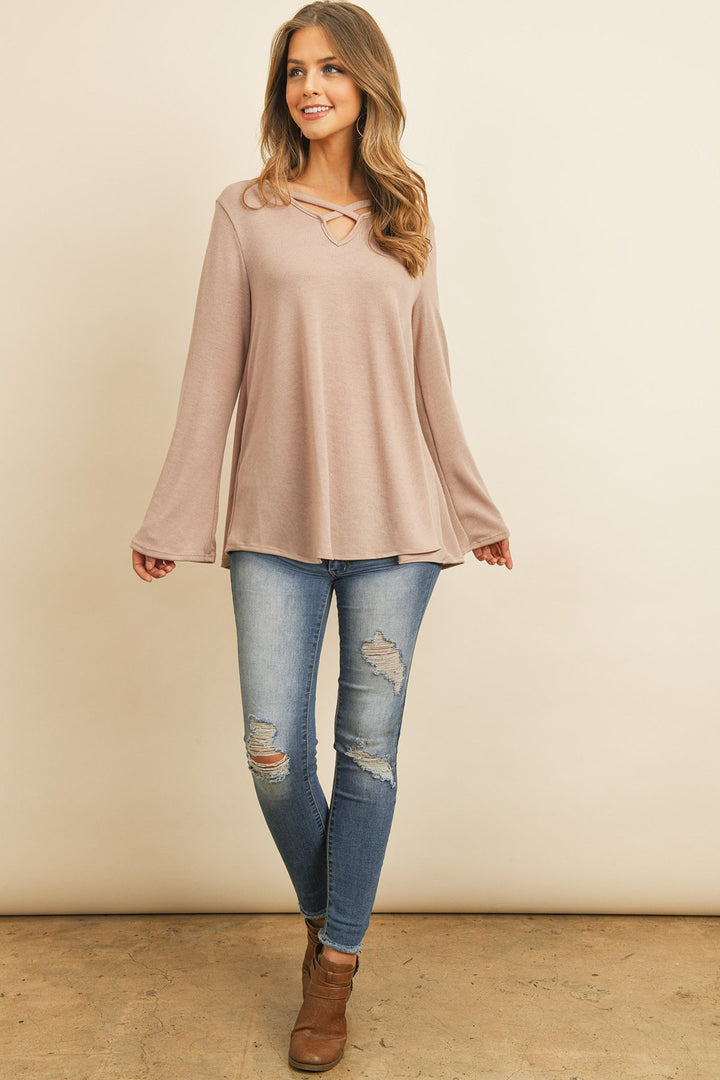 Criss Cross Neck Long Sleeve Hacci Top