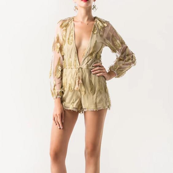 Feathered Mesh Play Suit in Black or Nude