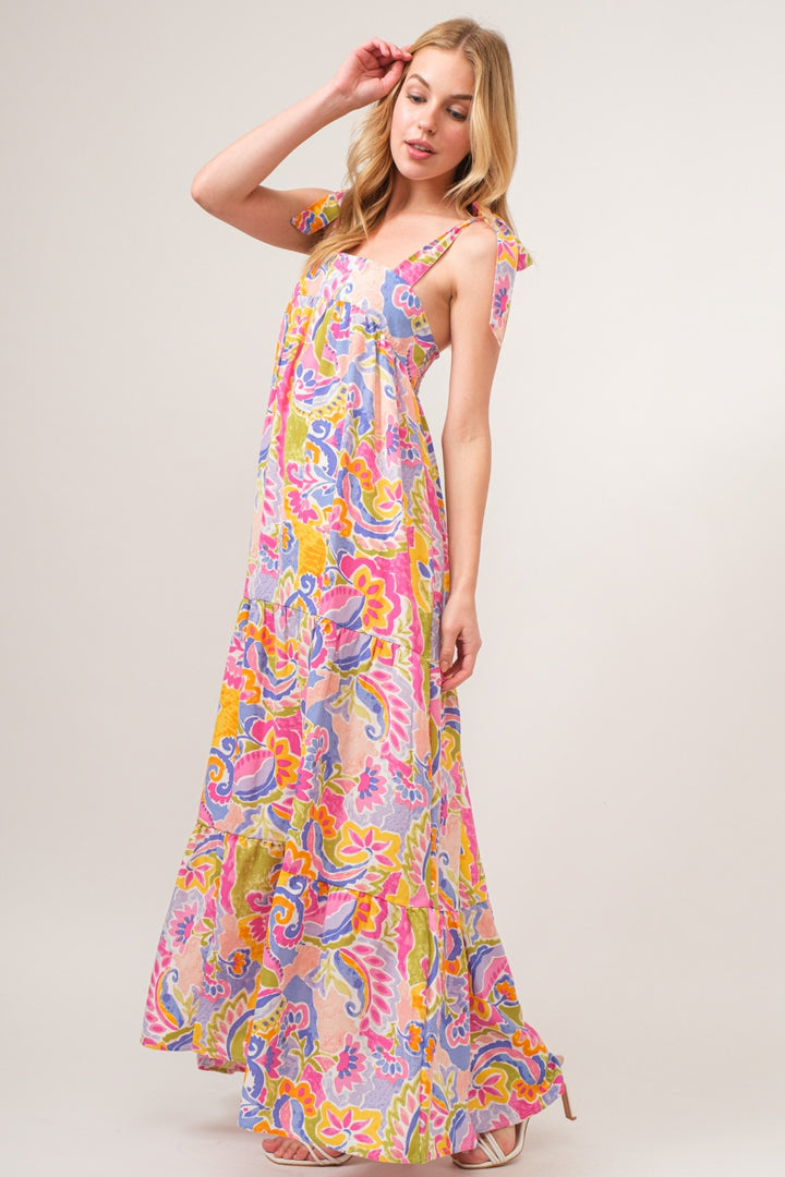 Full Size Printed Tie Shoulder Tiered Maxi Dress