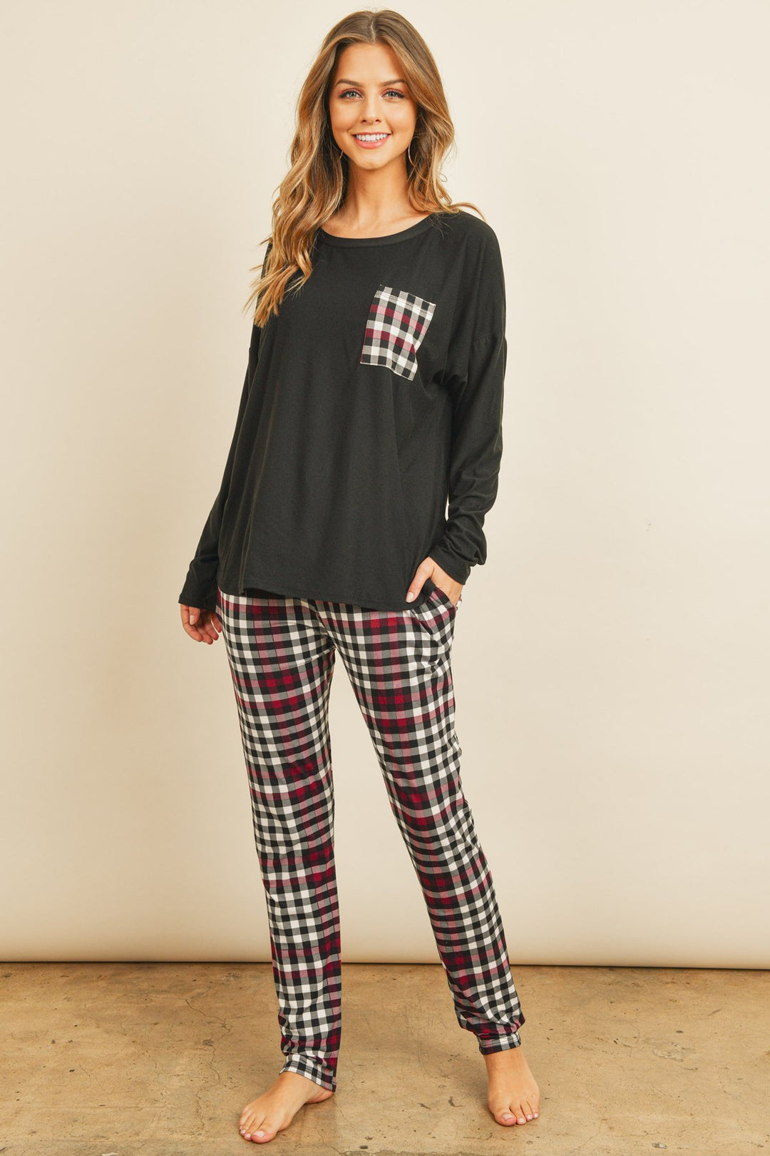 Solid Top Plaid Pocket and Joggers Set with Self Tie