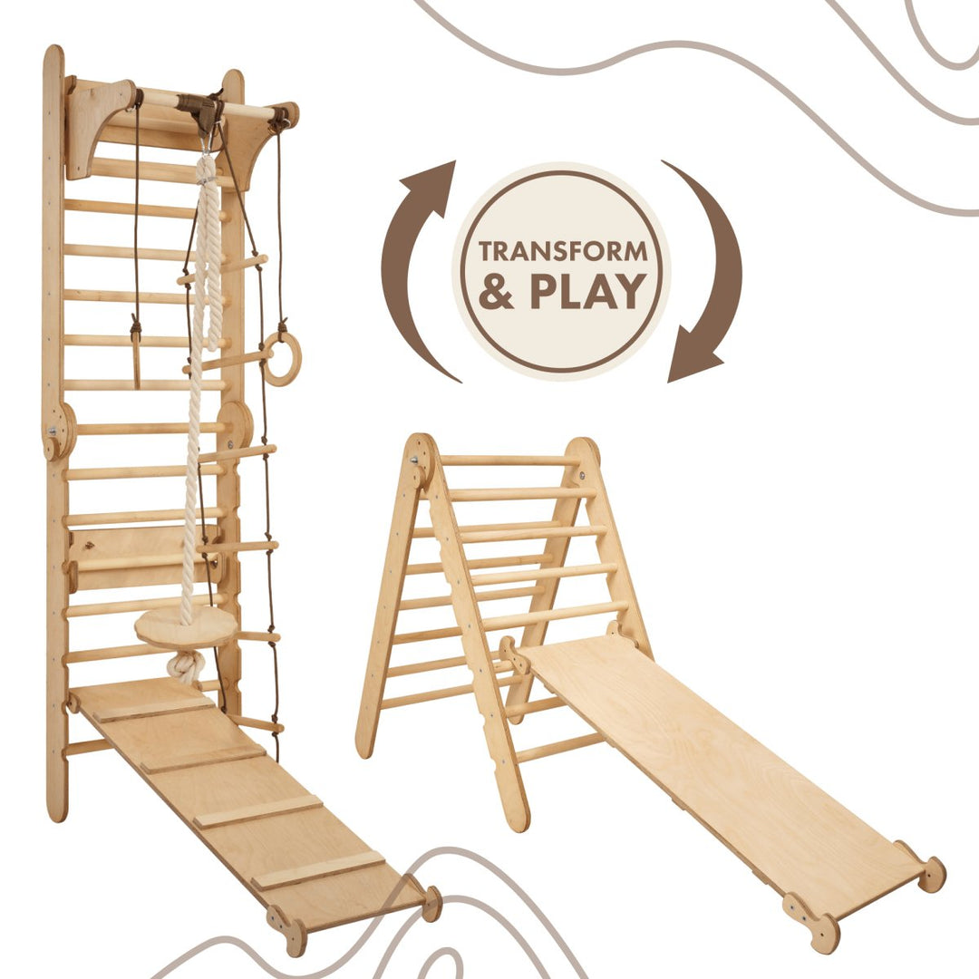 4-in-1 Climbing Set: Swedish Wall + Swing Set + Slide Board + Triangle Ladder