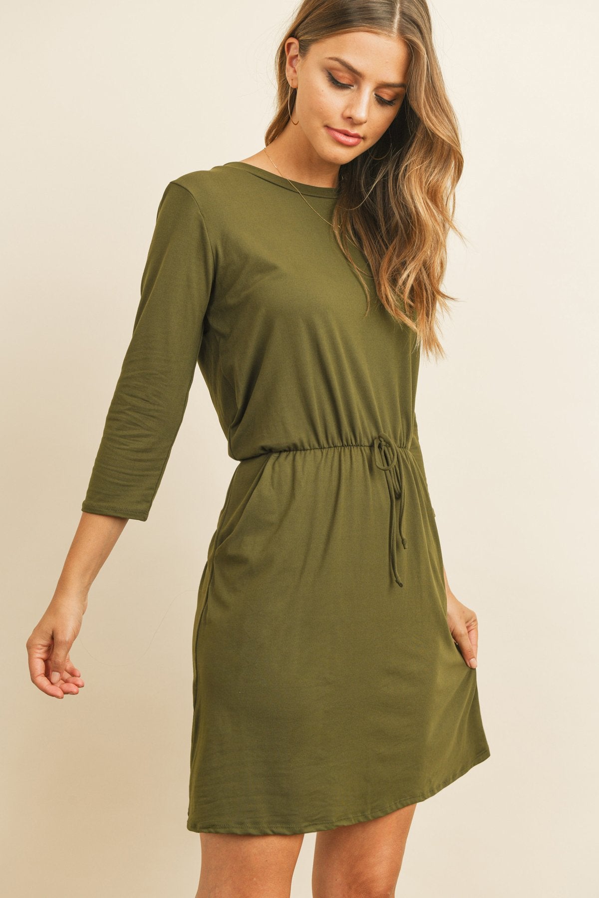 Cinch Waist 3/4 Sleeve Dress