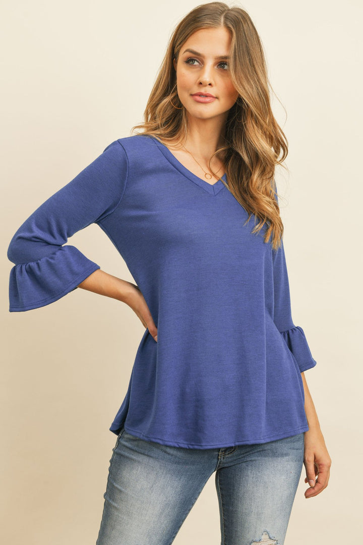 Solid Bell Sleeve V-Neck Top