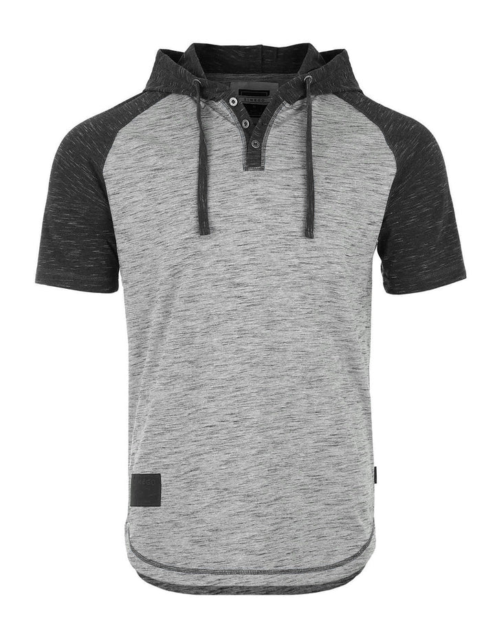 Short Sleeve Raglan Henley Hoodie Round Bottom Semi Longline T-Shirt