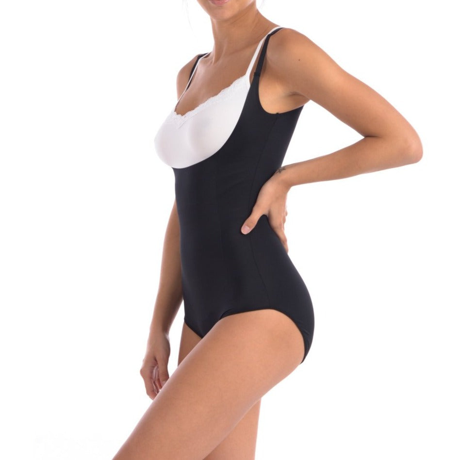 Wear Your Own Bra Bodysuit Shaper with Targeted Double Front Panel Black