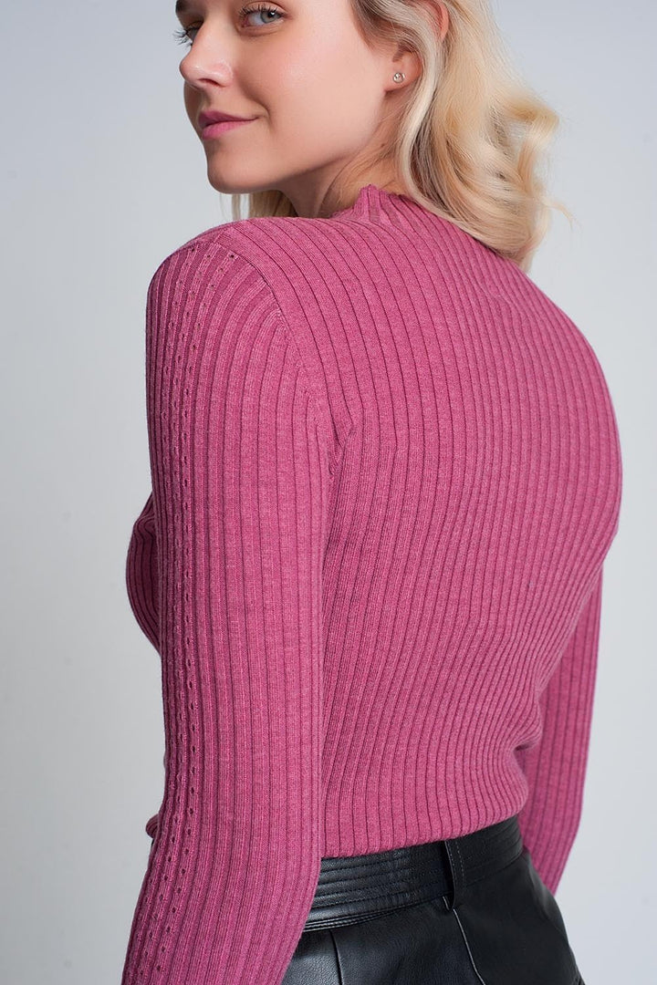 Fine Gauge High Neck Sweater in Fuchsia