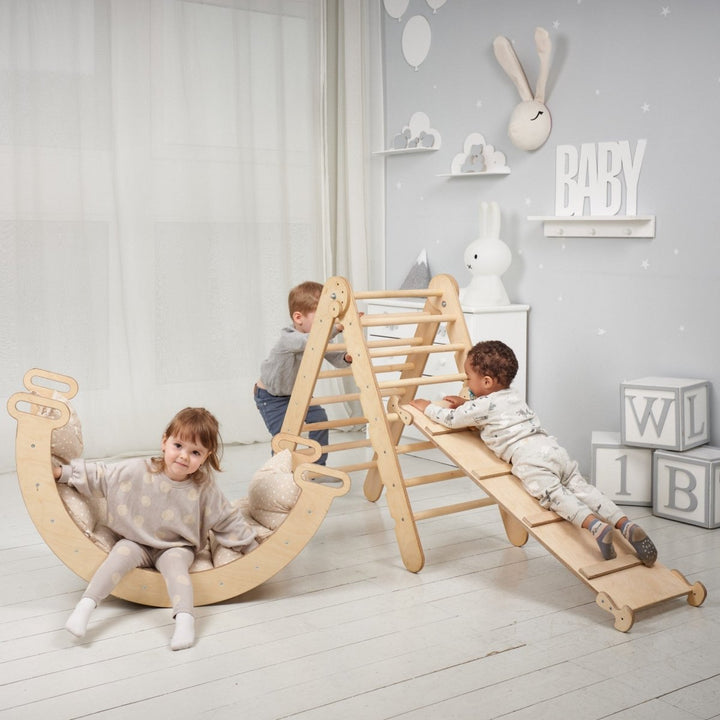 3-in-1 Montessori Climbing Set: Triangle Ladder + Wooden Arch + Slide Board