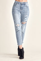 Mid Wash Distressed Slim Cropped Jeans