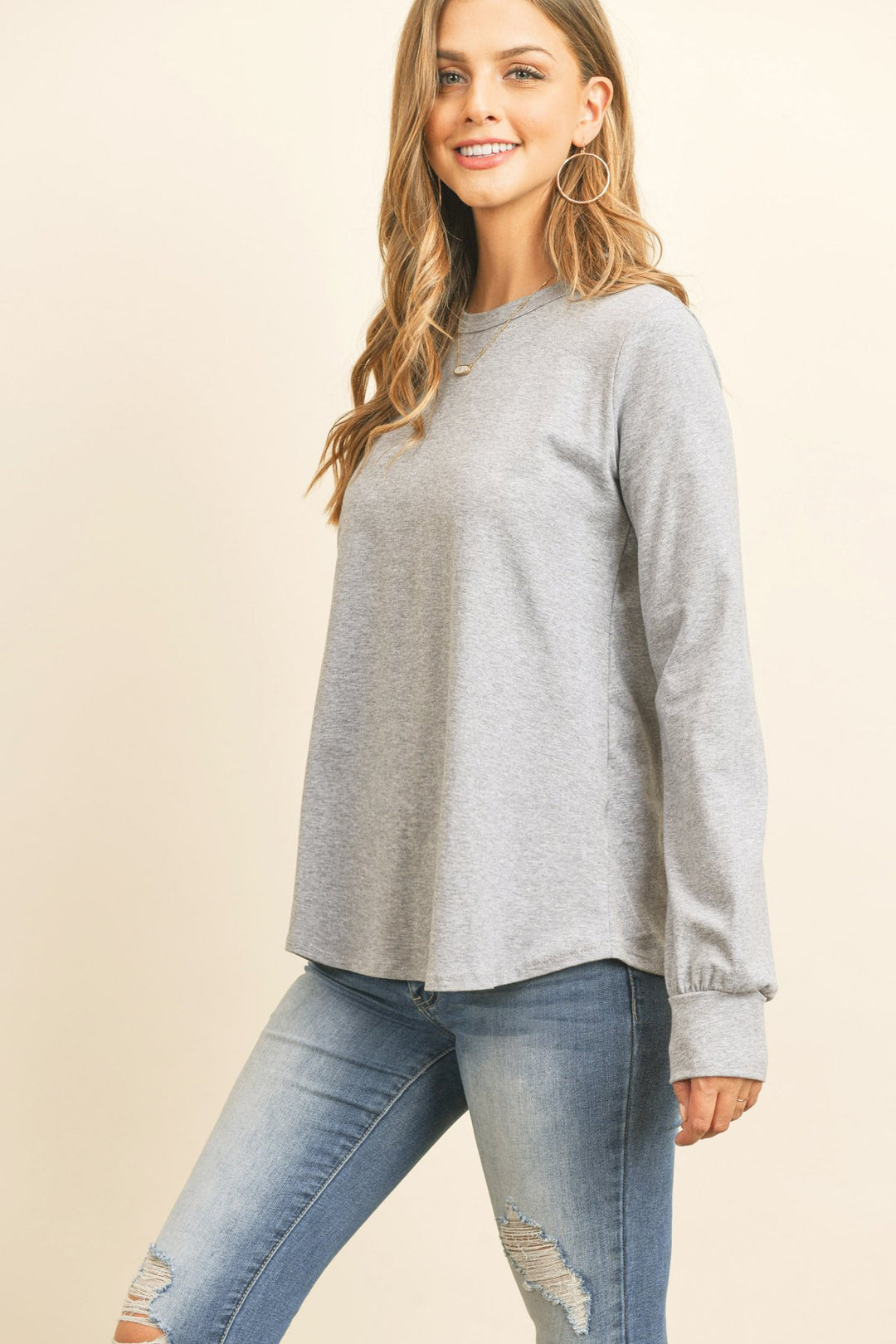 Long Sleeve Round Neck Solid Top