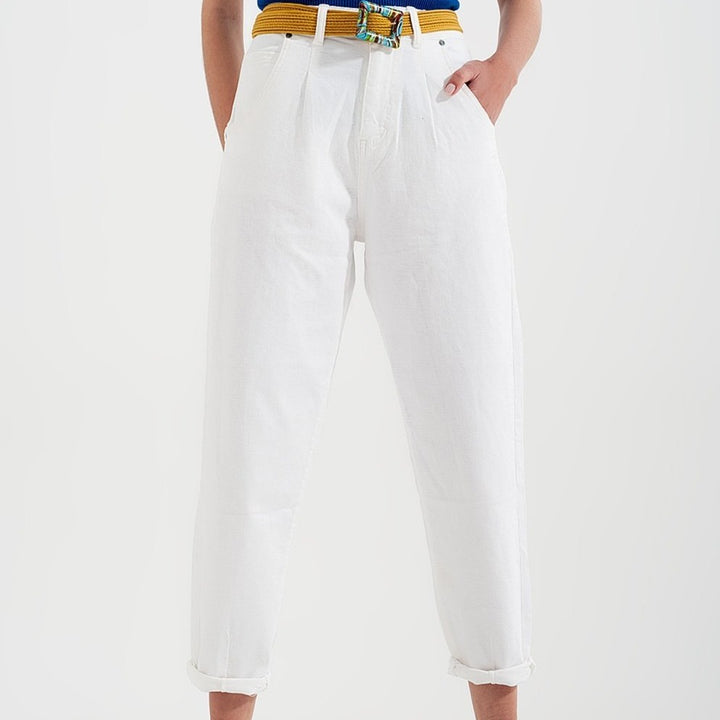 High Rise Mom Jeans with Pleat Front in White