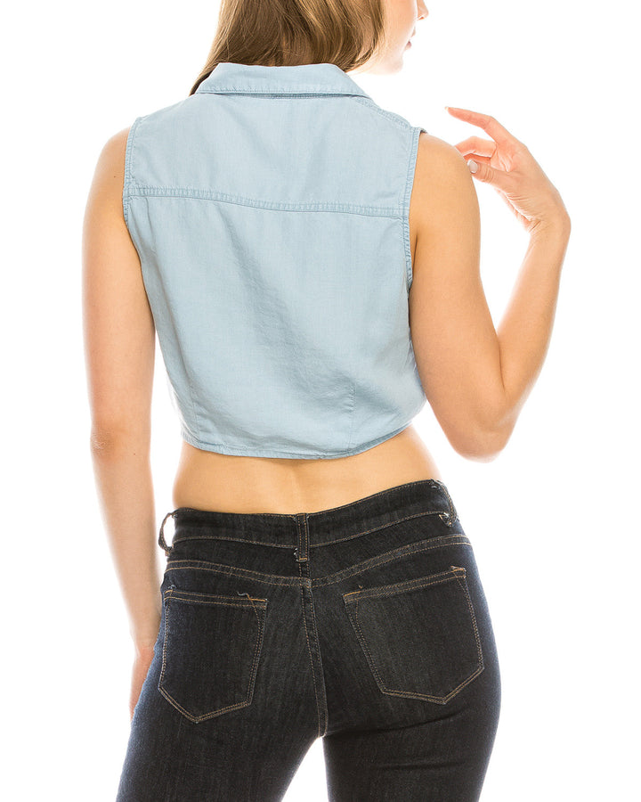Women's Roll Up Sleeve Crop Top Tie Front Chambray Denim Shirt