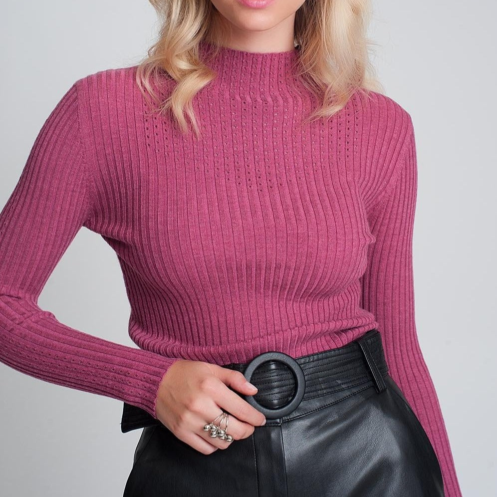 Fine Gauge High Neck Sweater in Fuchsia