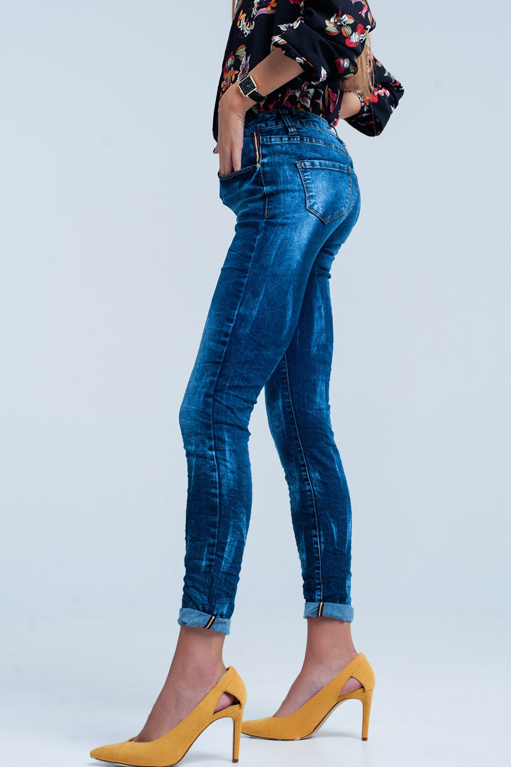 Blue Wrinkled High Waist Skinny Jeans