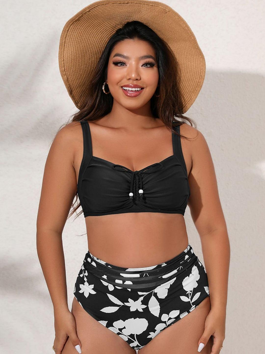 Full Size Printed Gathered Detail Bikini Set