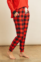 Solid Top and Plaid Joggers Set with Self Tie