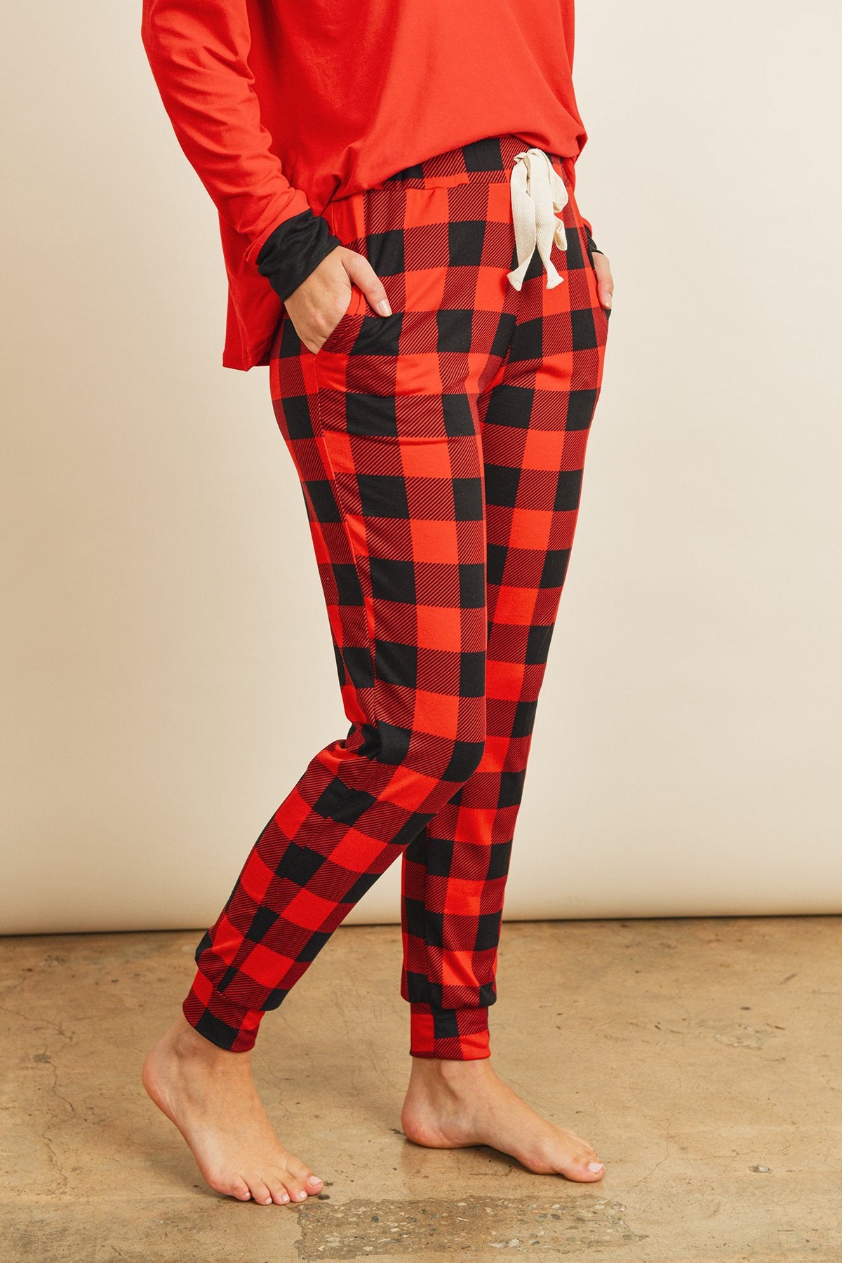 Solid Top and Plaid Joggers Set with Self Tie