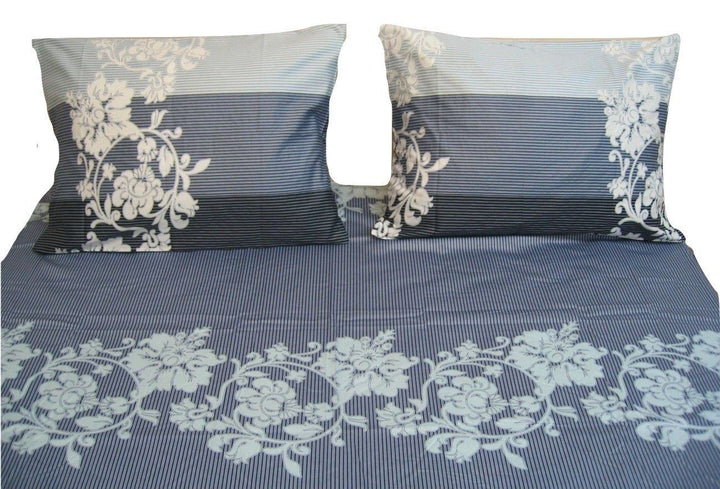 Navy Blue Floral Striped Fitted Sheet & Pillow Cases Set Twin