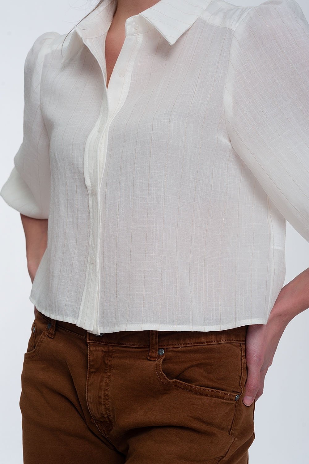 Cropped Blouse Shirt with Puff Sleeve in Cream