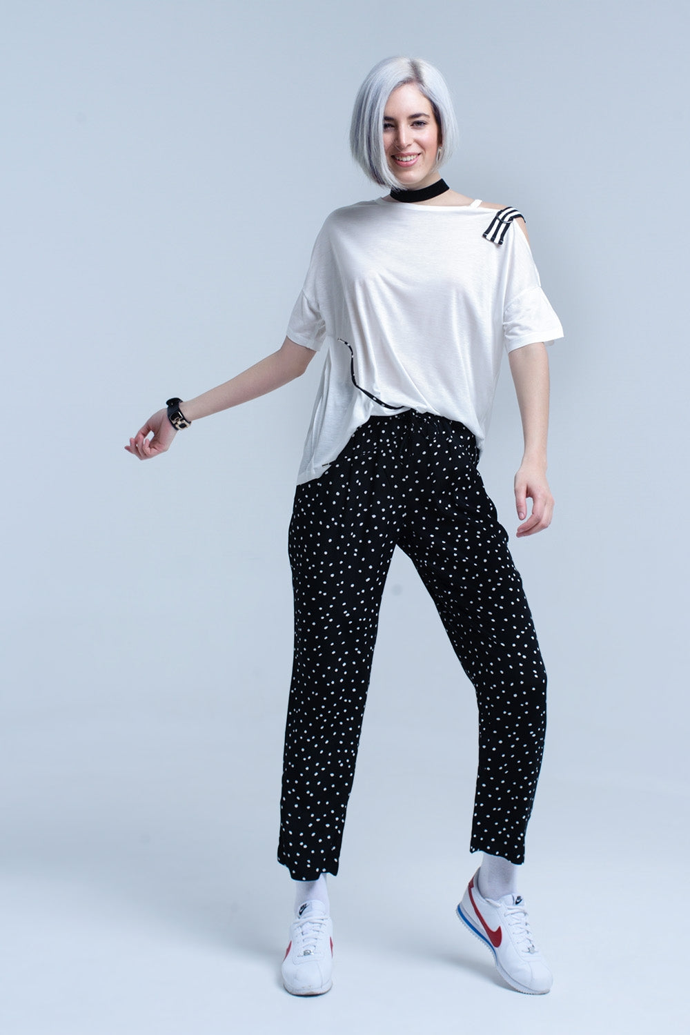 White T-Shirt with One Open Shoulder