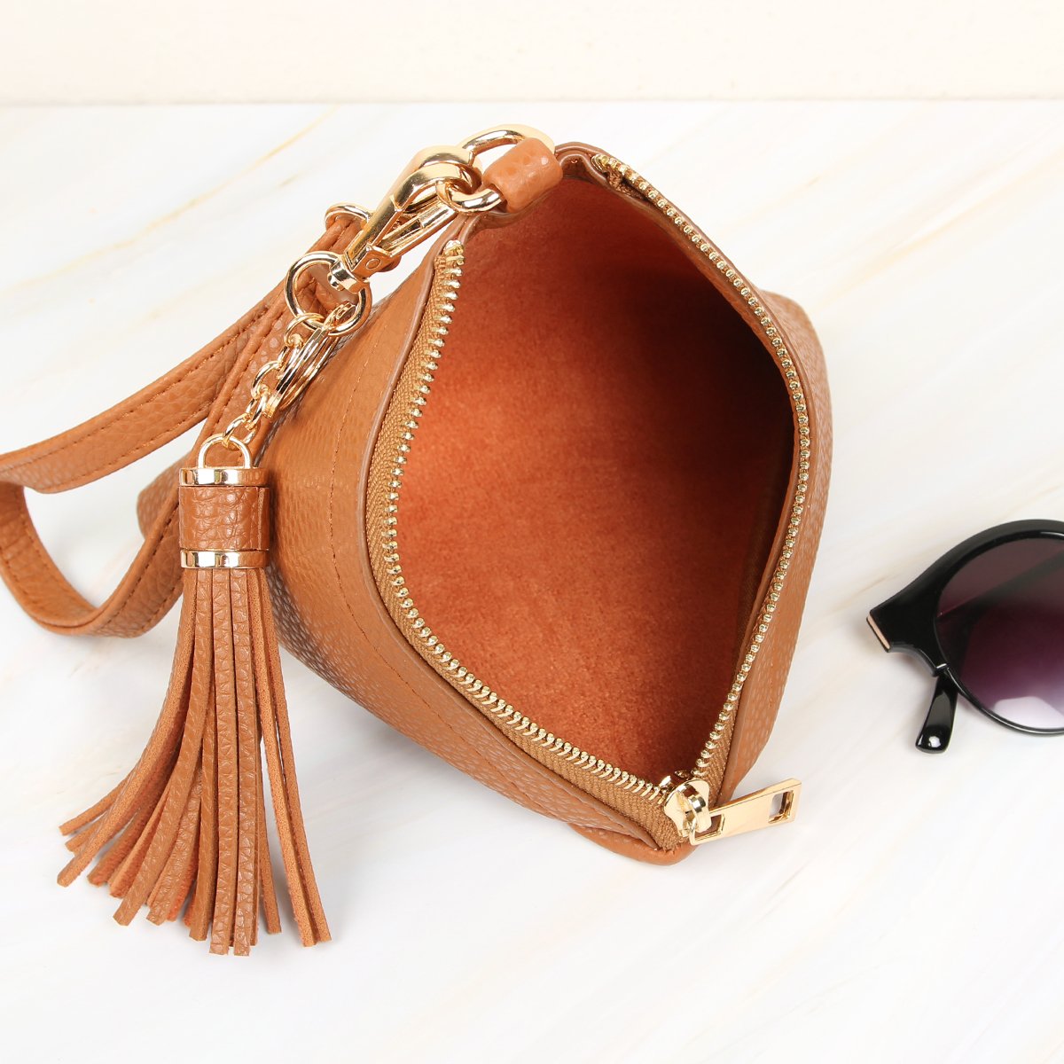 Pyramid Shape Tassel Wristlet Leather Bag