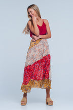 Red Floral Meadow Bias Cut Midi Skirt