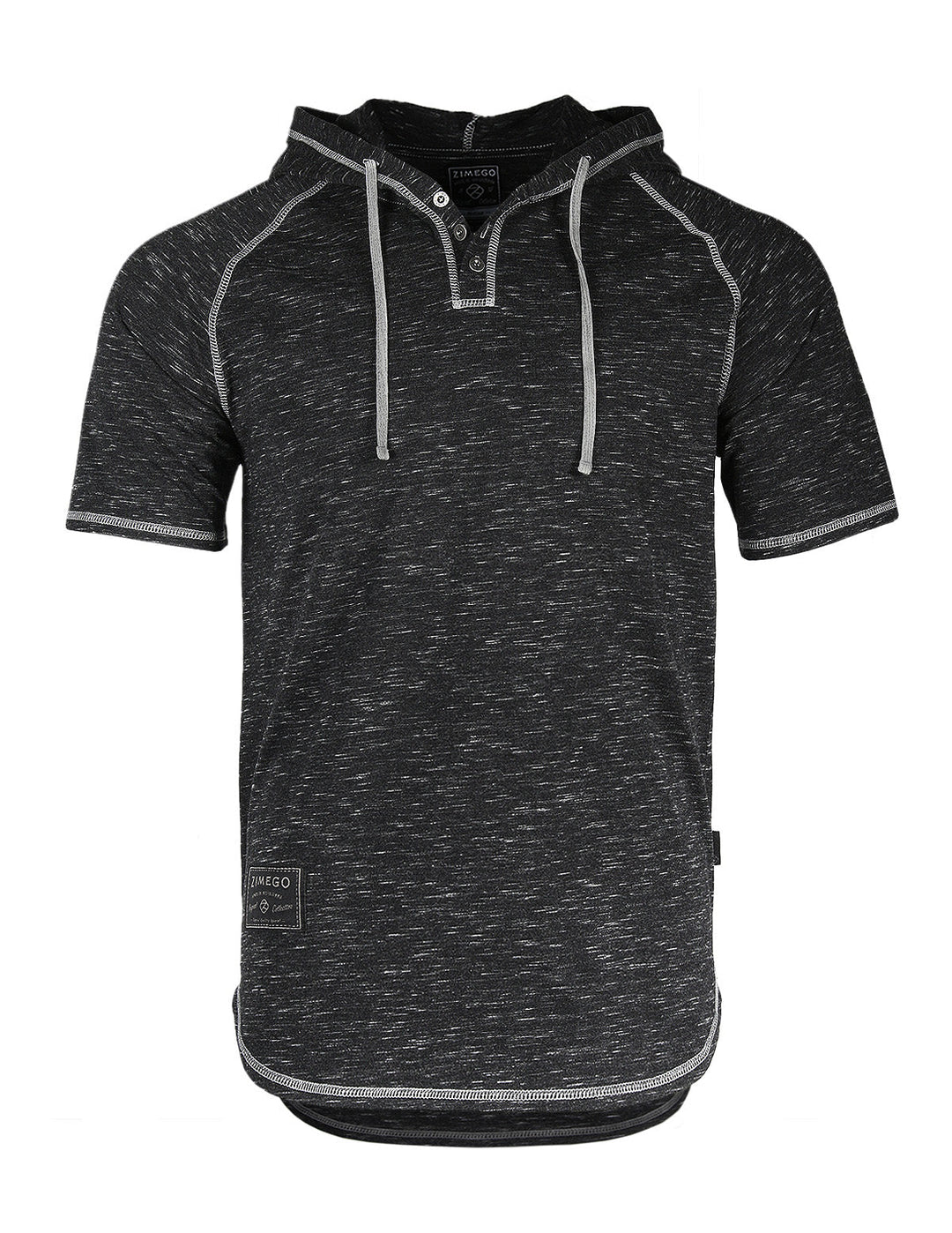 Short Sleeve Raglan Henley Hoodie Round Bottom Semi Longline T-Shirt