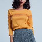 Mustard 3/4 Sleeve T-Shirt with Eyelash Trim