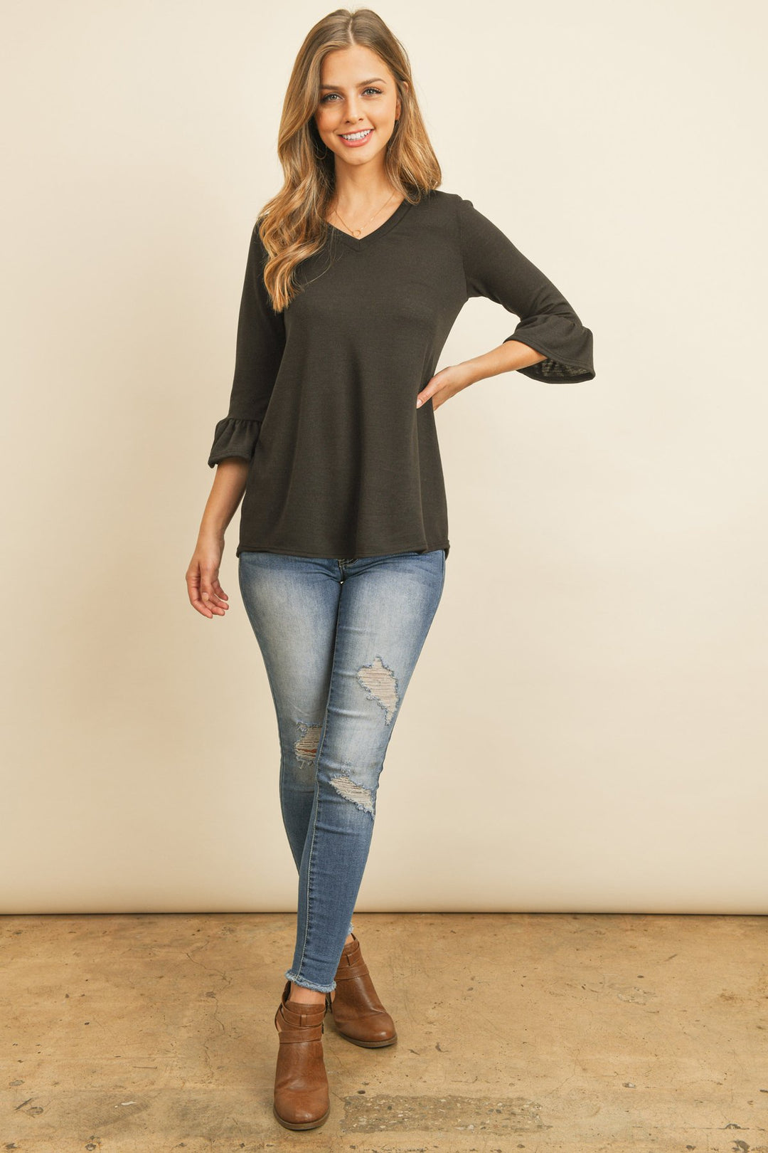 Solid Bell Sleeve V-Neck Top