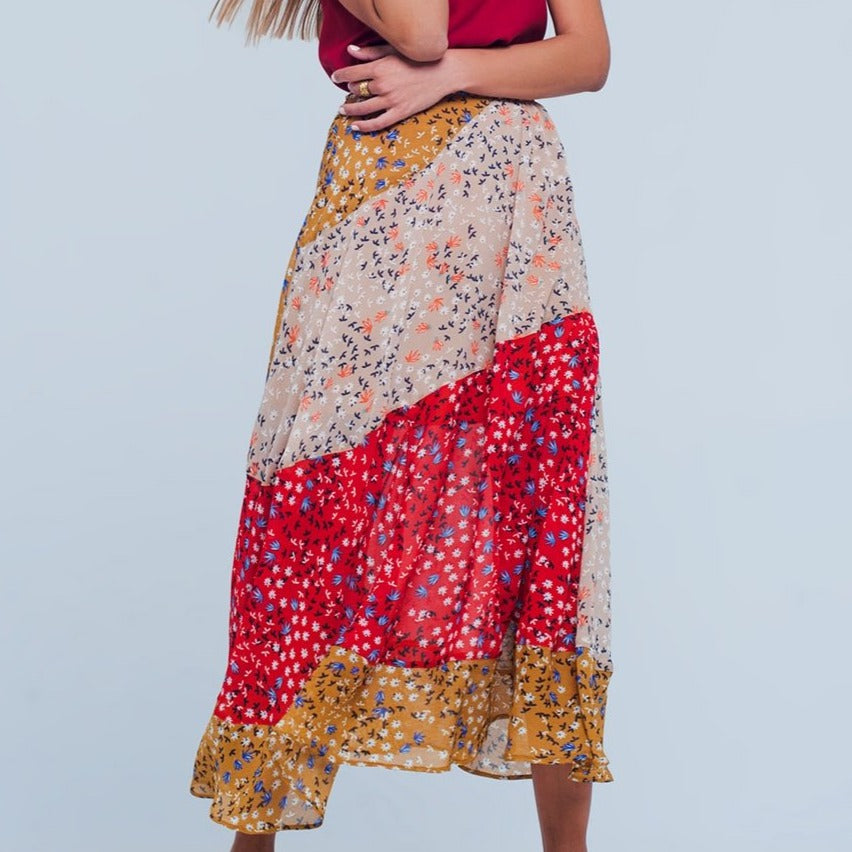 Red Floral Meadow Bias Cut Midi Skirt