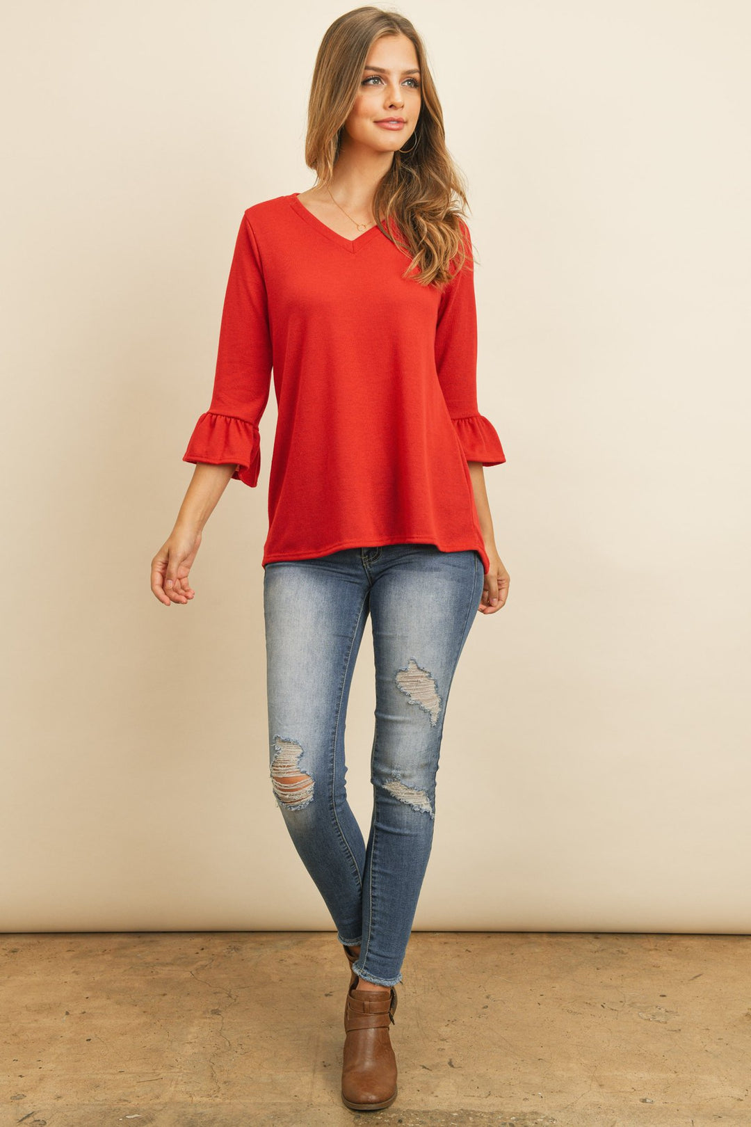 Solid Bell Sleeve V-Neck Top