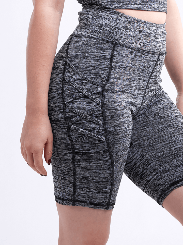High-Waisted Workout Shorts with Pockets with Criss Cross Design