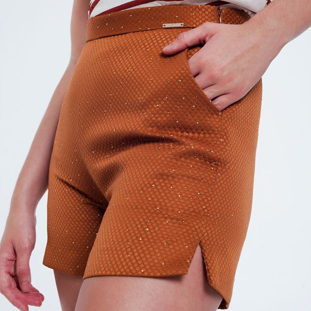 Embellished High Waist Short in Orange and Gold