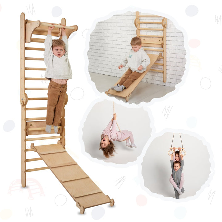 3-in-1: Wooden Swedish Wall Climbing Ladder + Swing Set + Slide Board