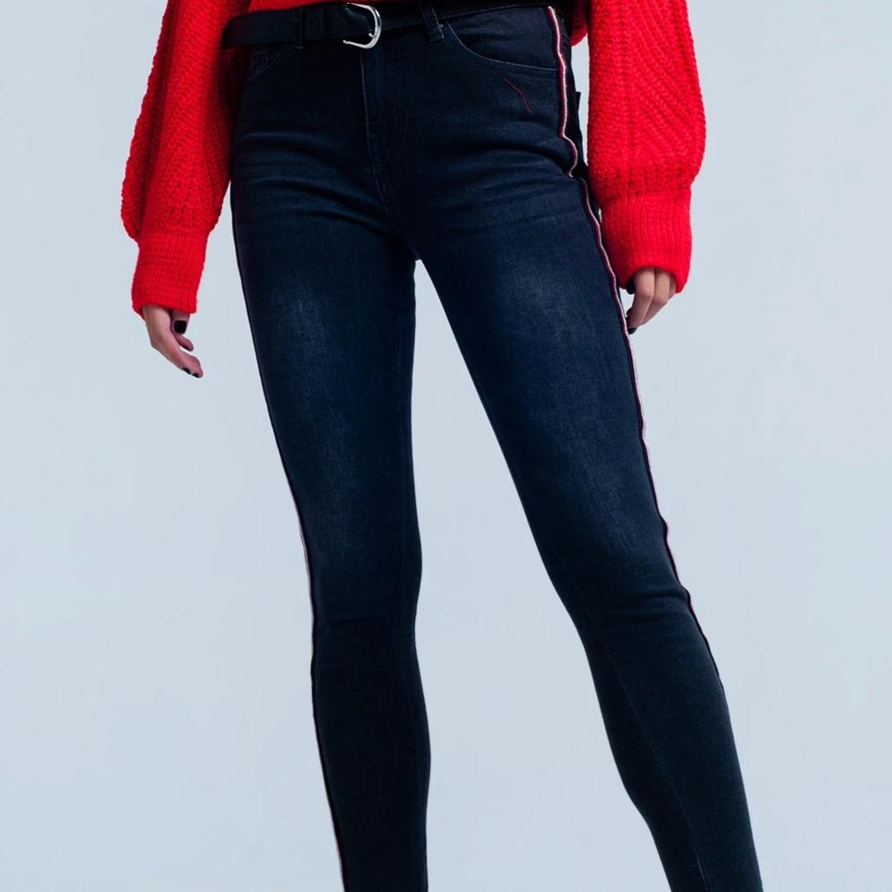 Black Skinny Jeans with Red Side Stripe