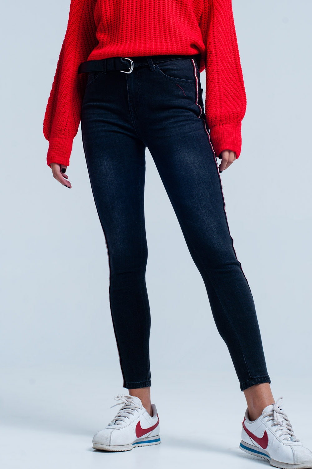 Black Skinny Jeans with Red Side Stripe