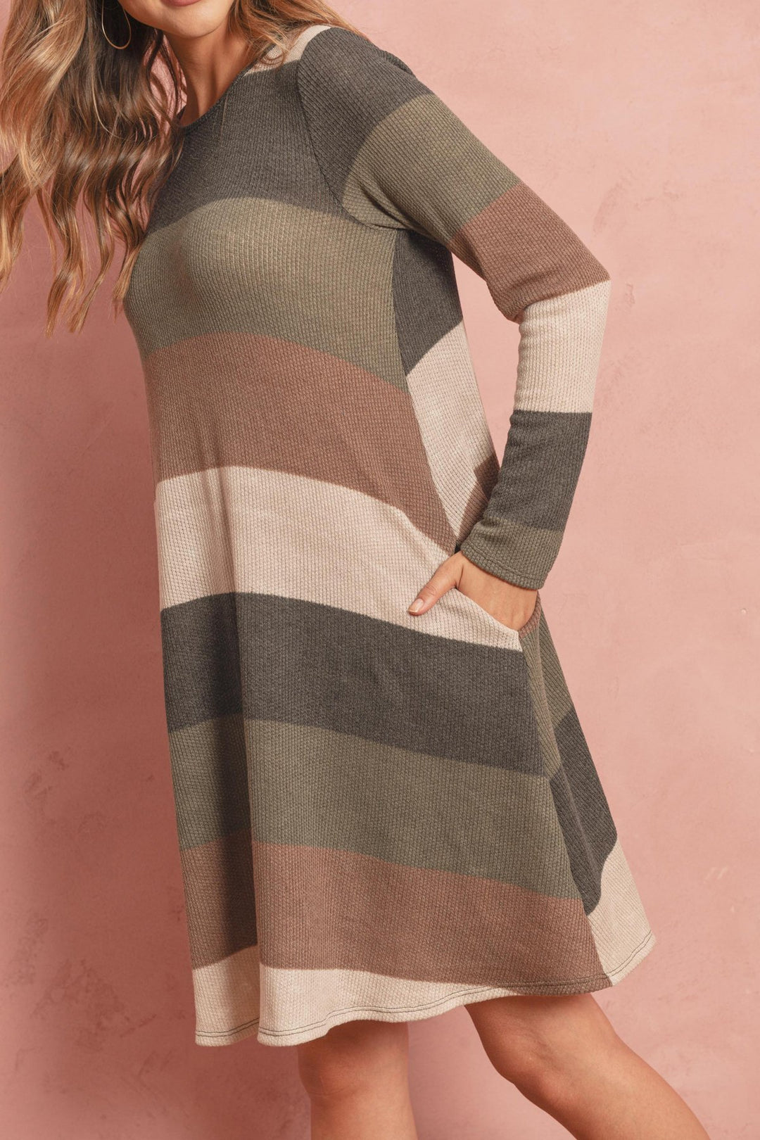 Long Sleeved Rib Stripe Pocket Dress