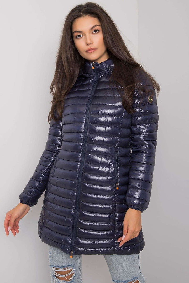 Mid-Length Quilted Jacket with Hood Navy Blue