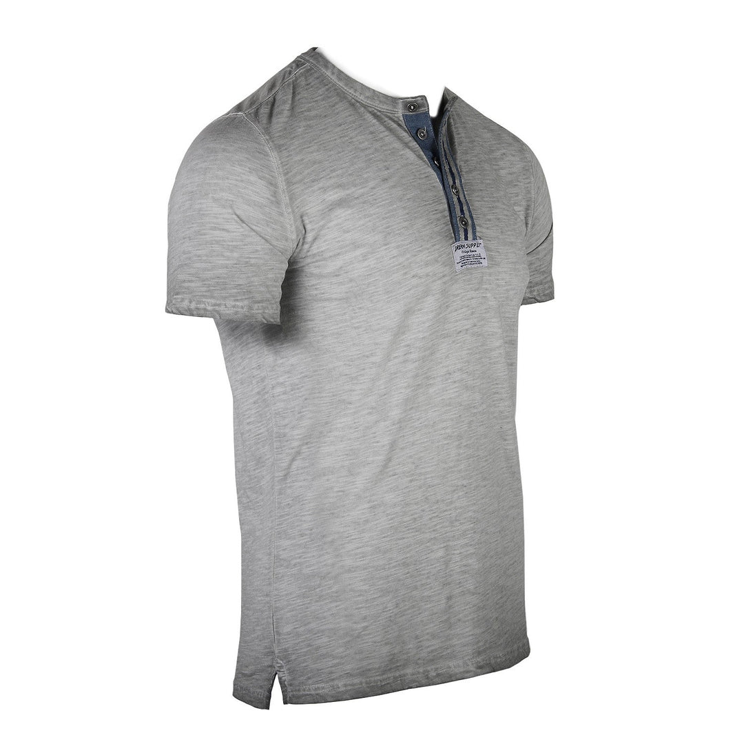 Grey Short Sleeve Crew Neck Oil Wash Vintage Button Henley T-Shirt