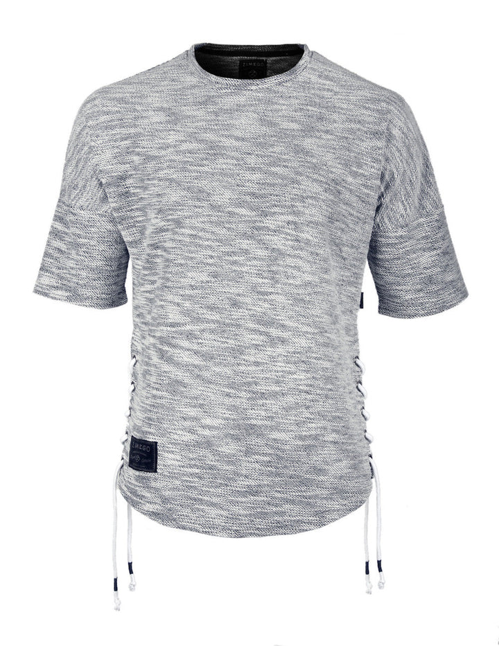 Zimego Men's Wide Shoulder Short Sleeve Laced Up Round Bottom T-Shirt