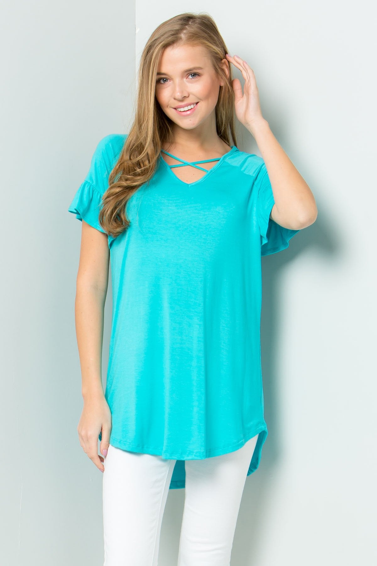 Ruffle Sleeve Criss Cross Tunic
