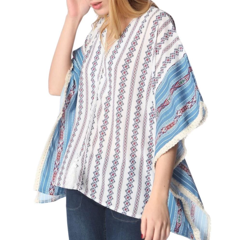 Blue Oversized Poncho Top in Tribe Print