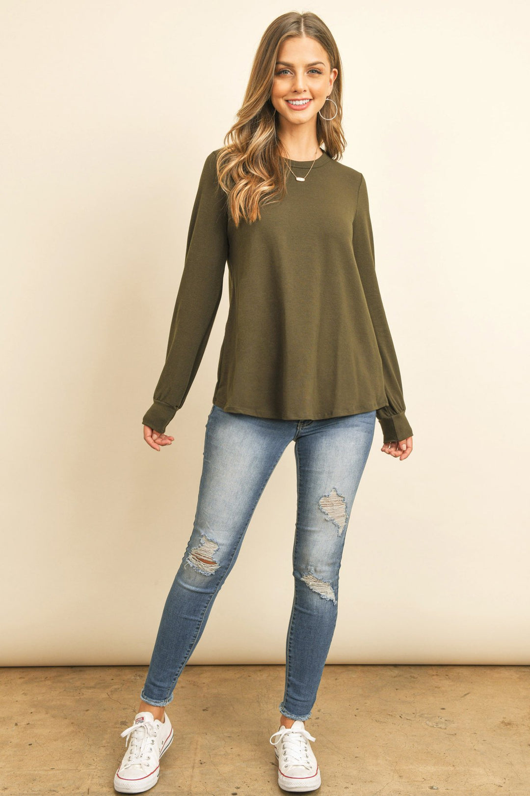 Long Sleeve Round Neck Solid Top